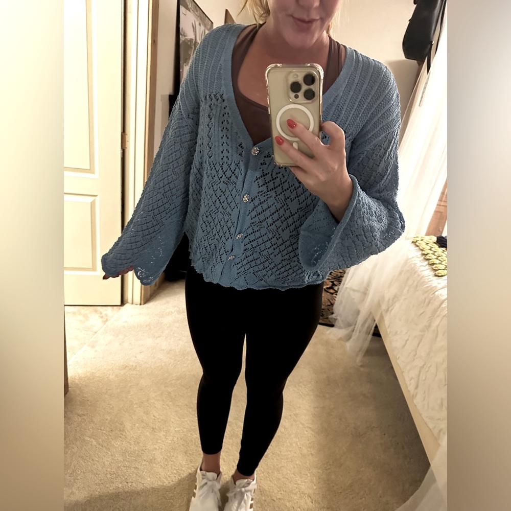Zara Blue Crochet Sweater Cardigan - Size Medium